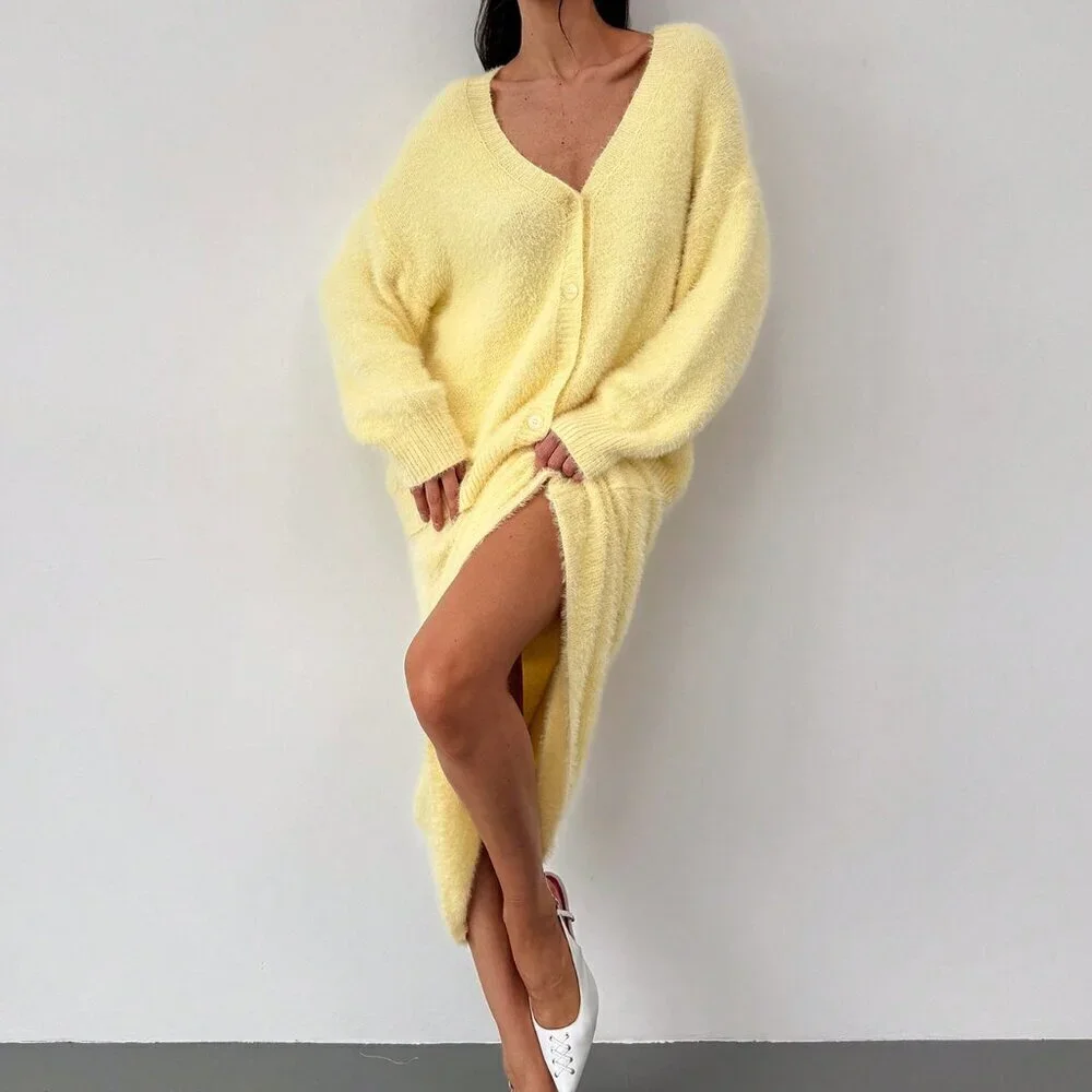 Yellow Casual Womens Oversized Long Sleeve Cardigan and Sweater Maxi Skirt set